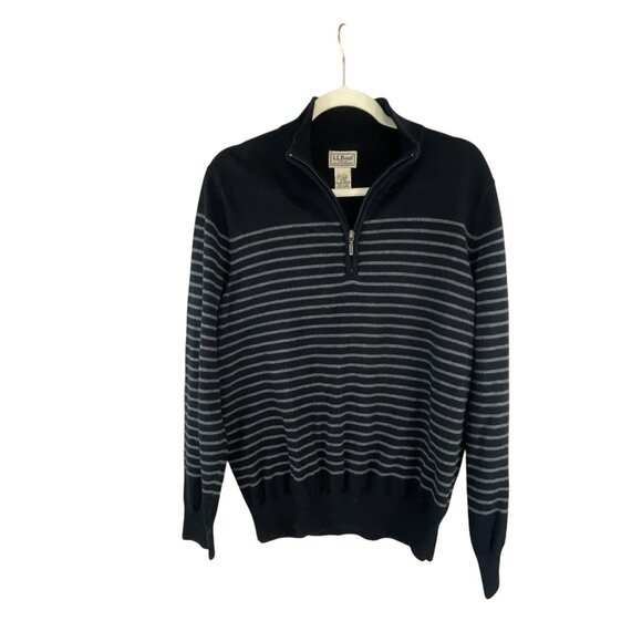 L.L.Bean Mens Medium Black Gray Striped Half-Zip Sz M Sweater Casual Streetwear - Picture 1 of 9